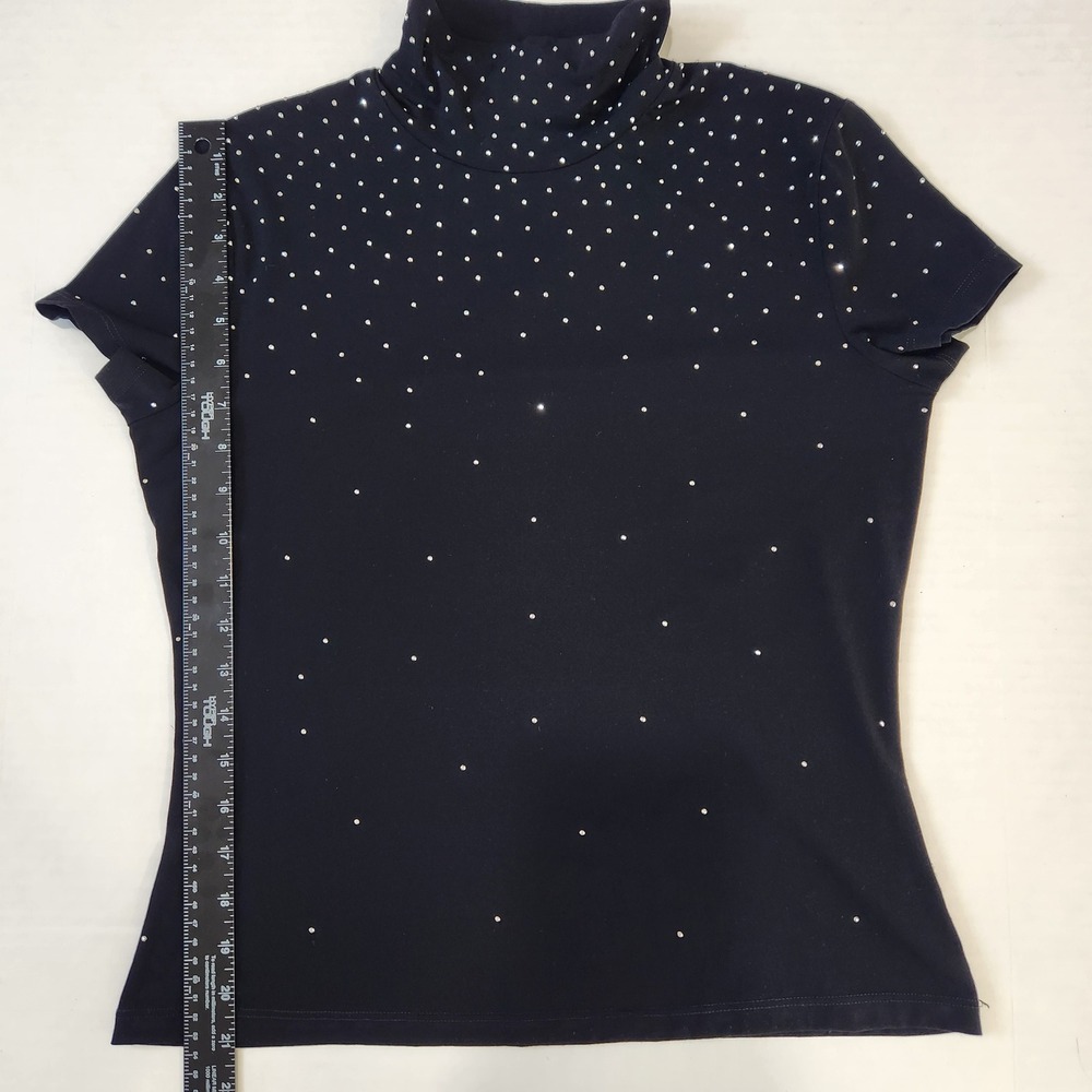 St. John Caviar Womens Black Studded Mock Neck Short Sleeve Top M Sparkle - Picture 7 of 11